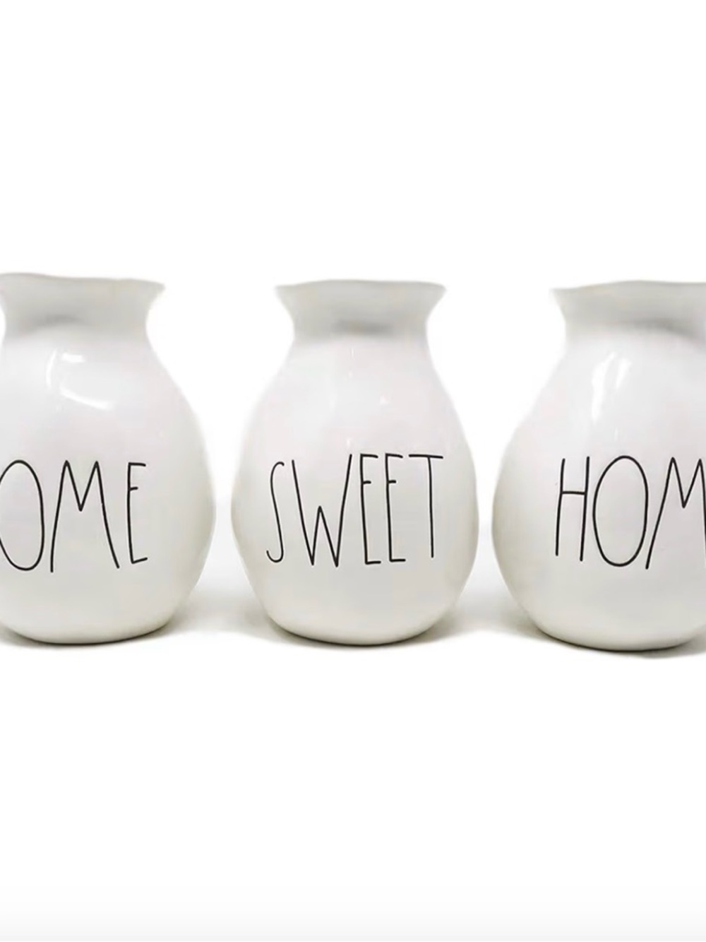 Rae Dunn, “Home Sweet Home” ceramic vase set.